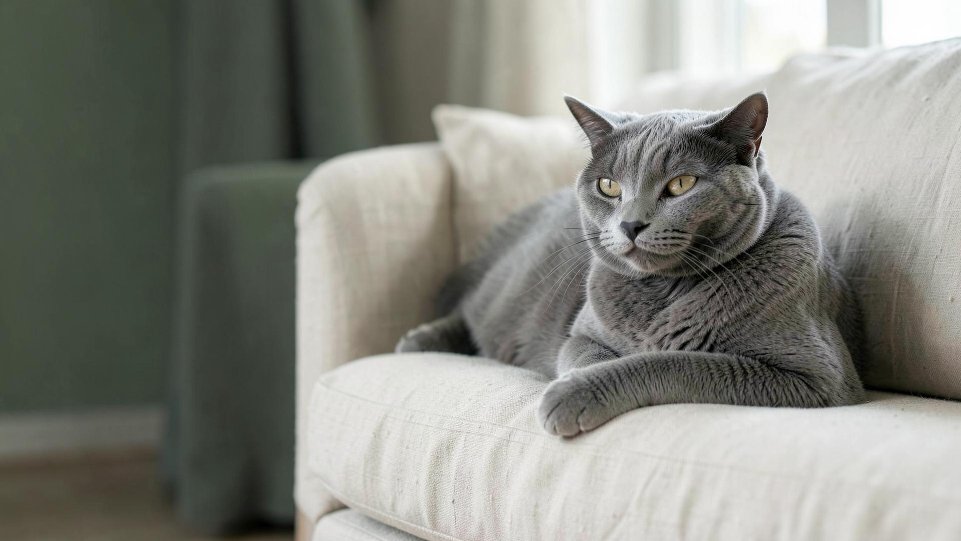 Grey cat resting on a linen sofa